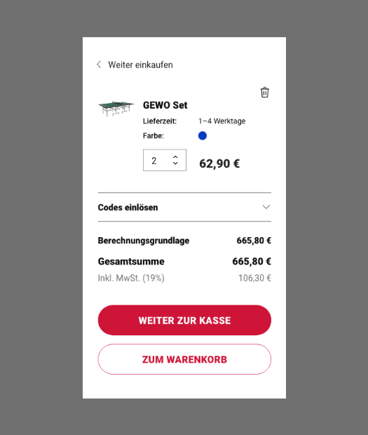 Screenshot des Contra Shops (Warenkorb)